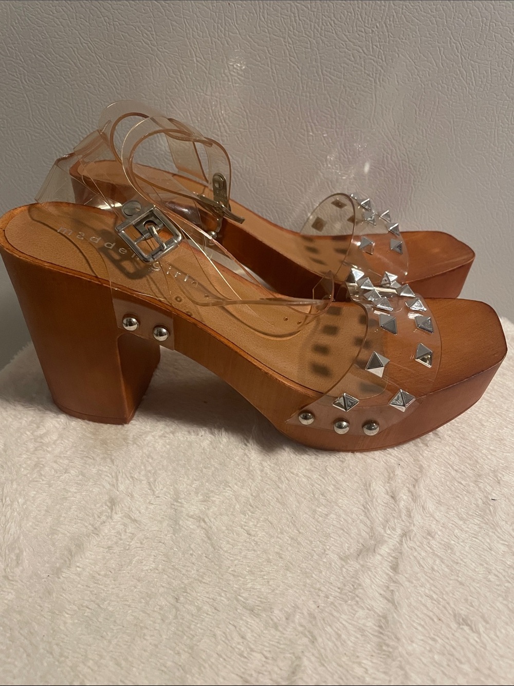 Madden Girl Clear Strap Platform Sandals - Tan Wood Heel - Picture 4 of 7